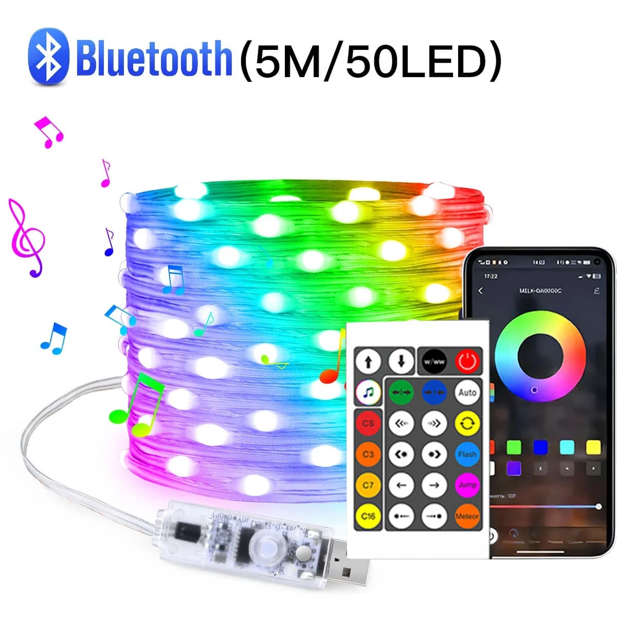 USB Bluetooth -kaukosäädin värikäs LED-tuikkuvalosarja