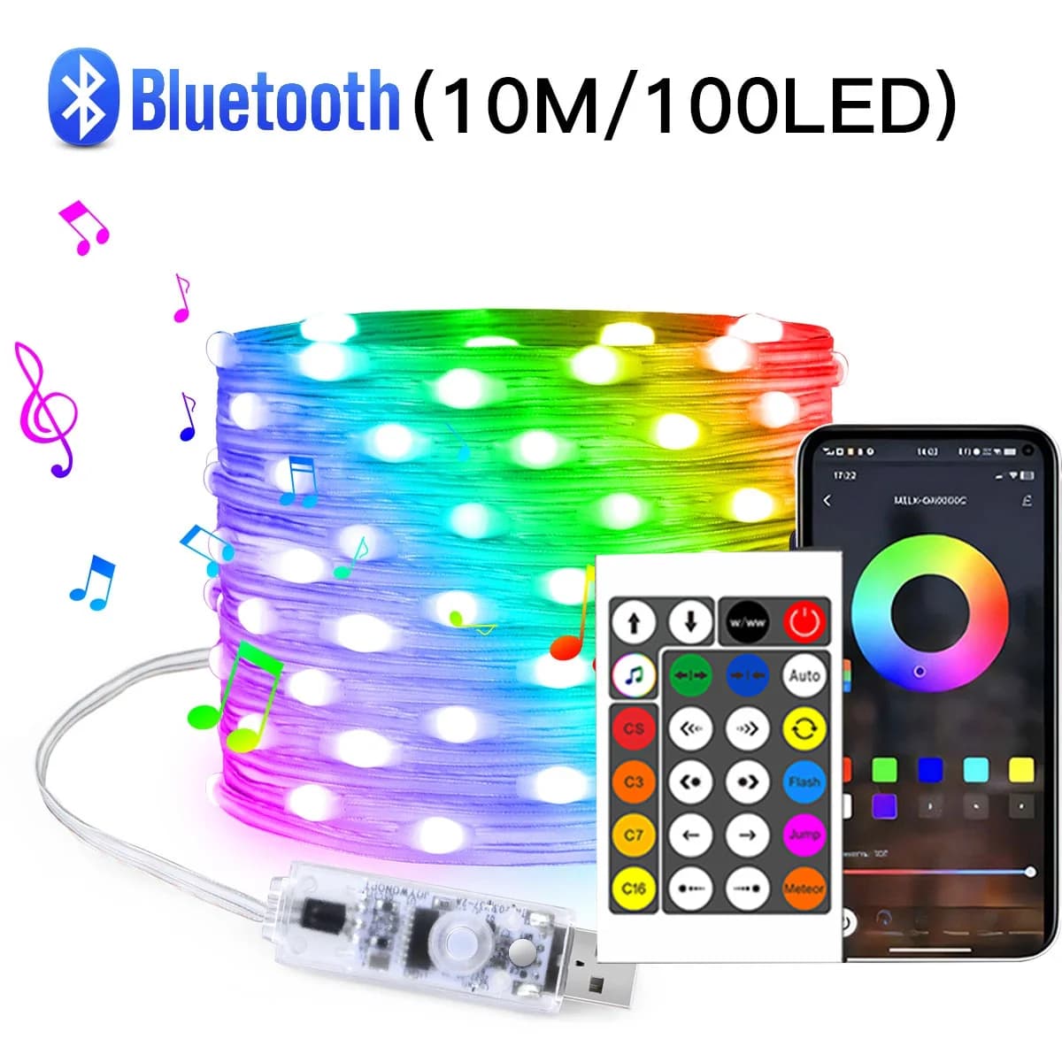 USB Bluetooth -kaukosäädin värikäs LED-tuikkuvalosarja